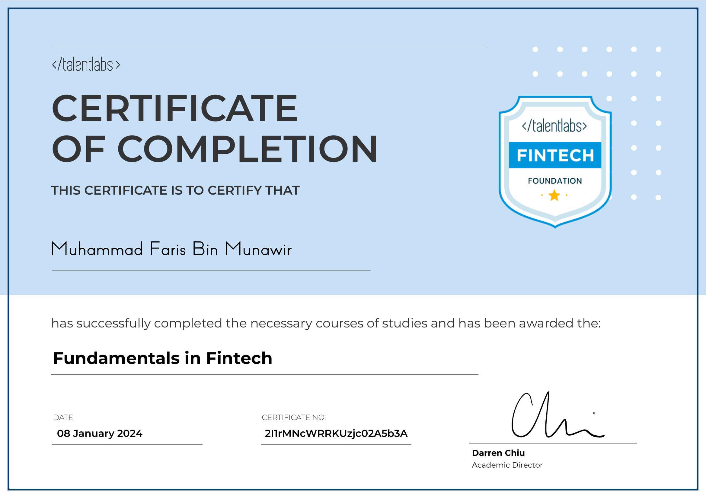 Fundamentals in Fintech certificate