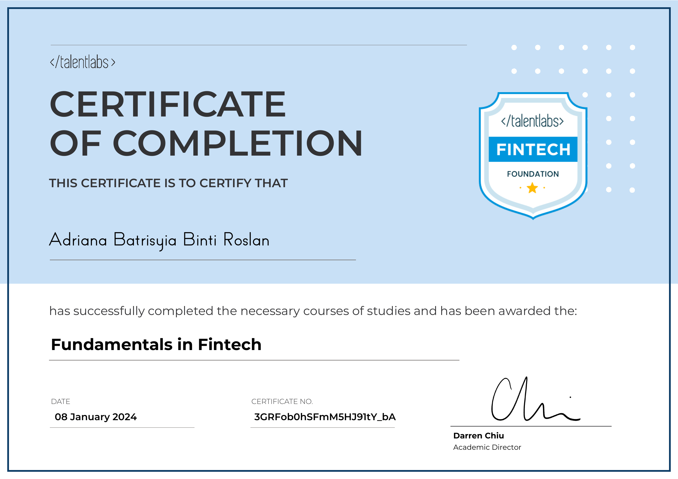 Fundamentals in Fintech certificate