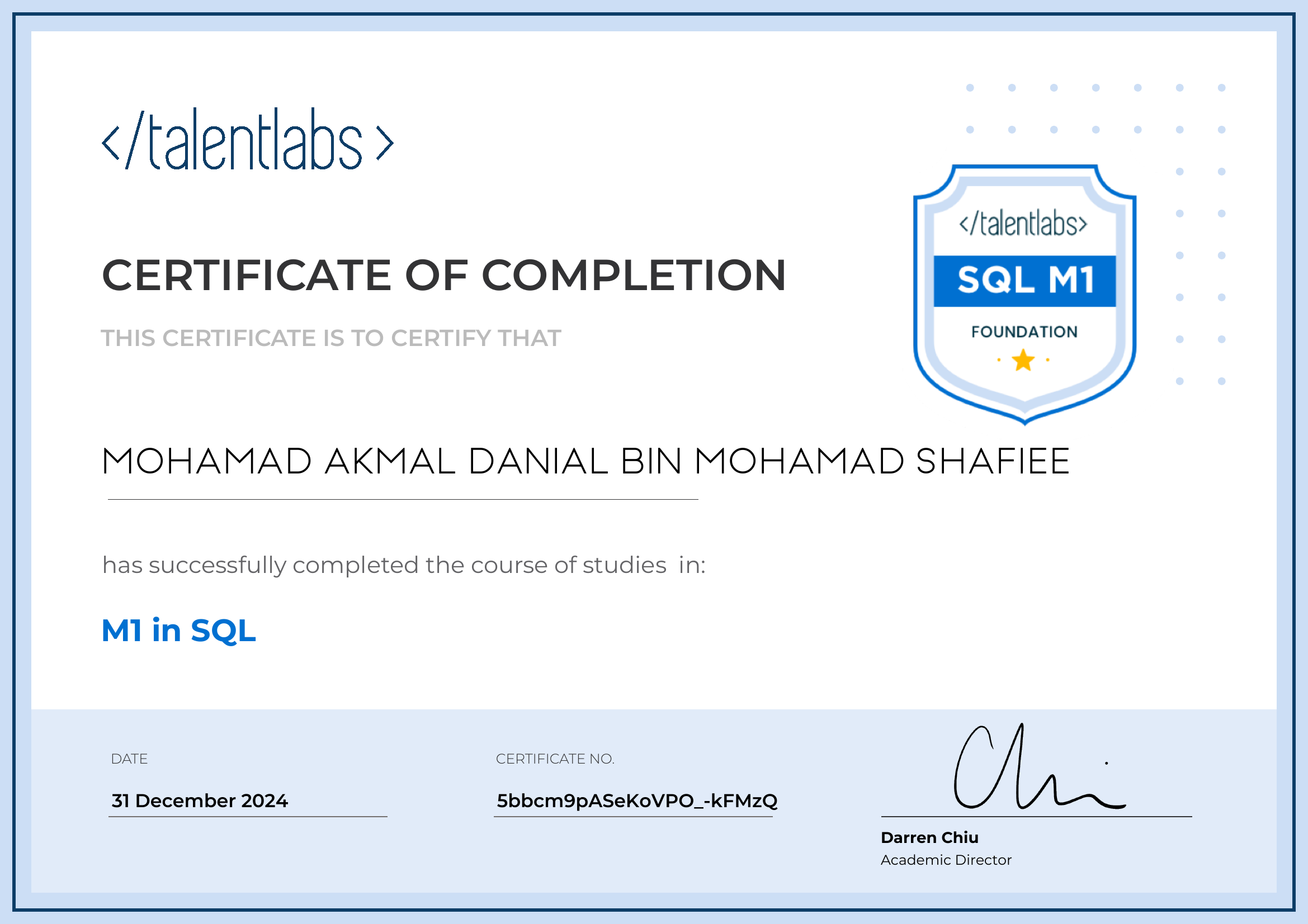 M1 in SQL certificate