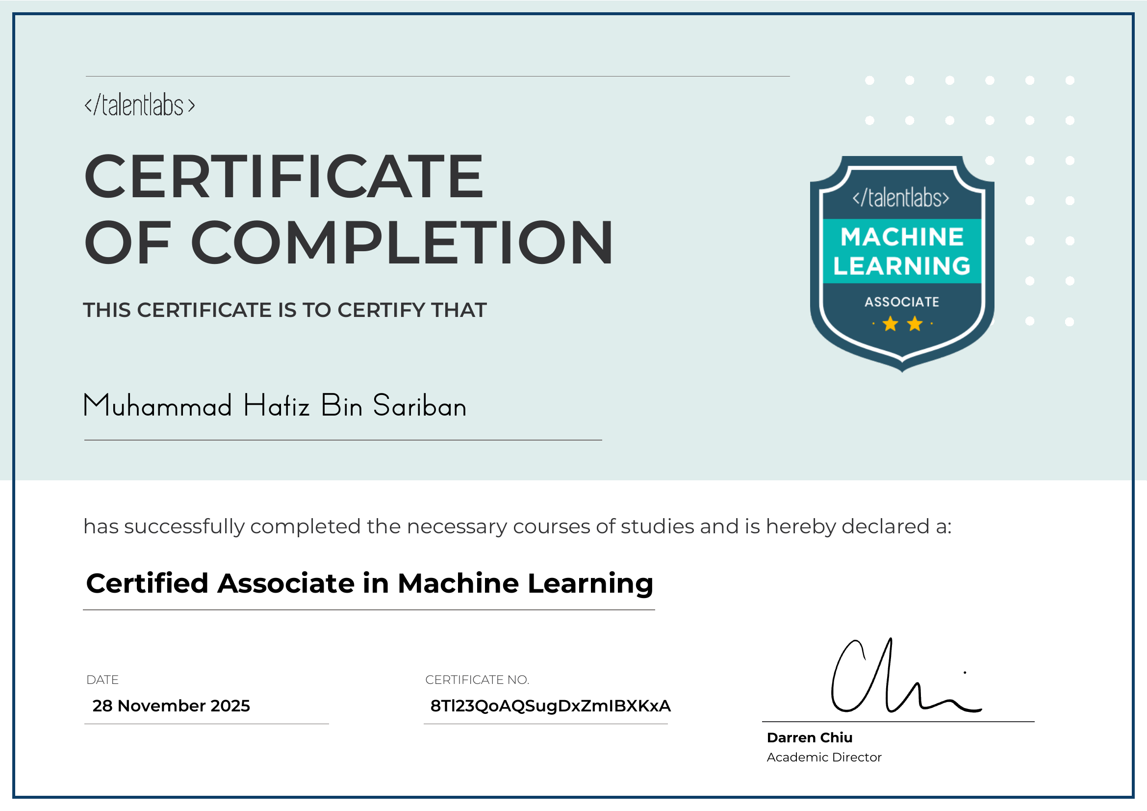 Certified Associate in Machine Learning certificate