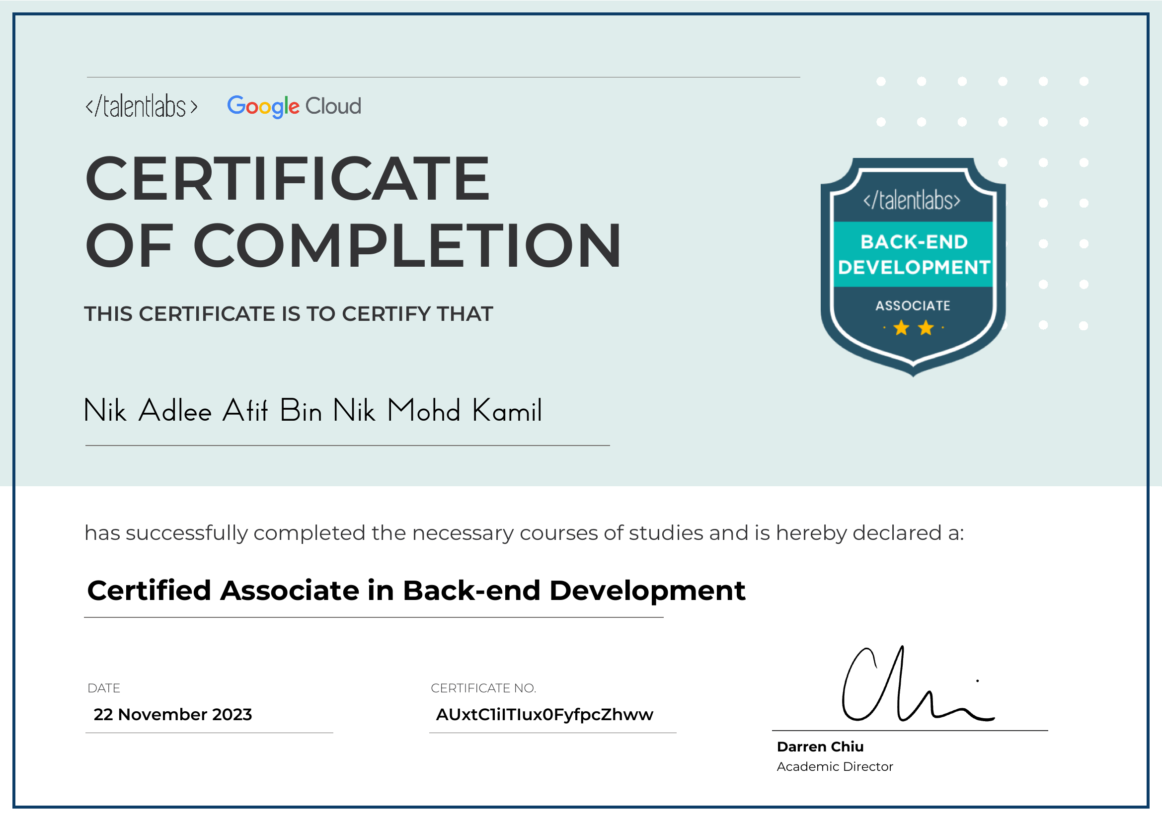 Certified Associate in Back-end Development certificate
