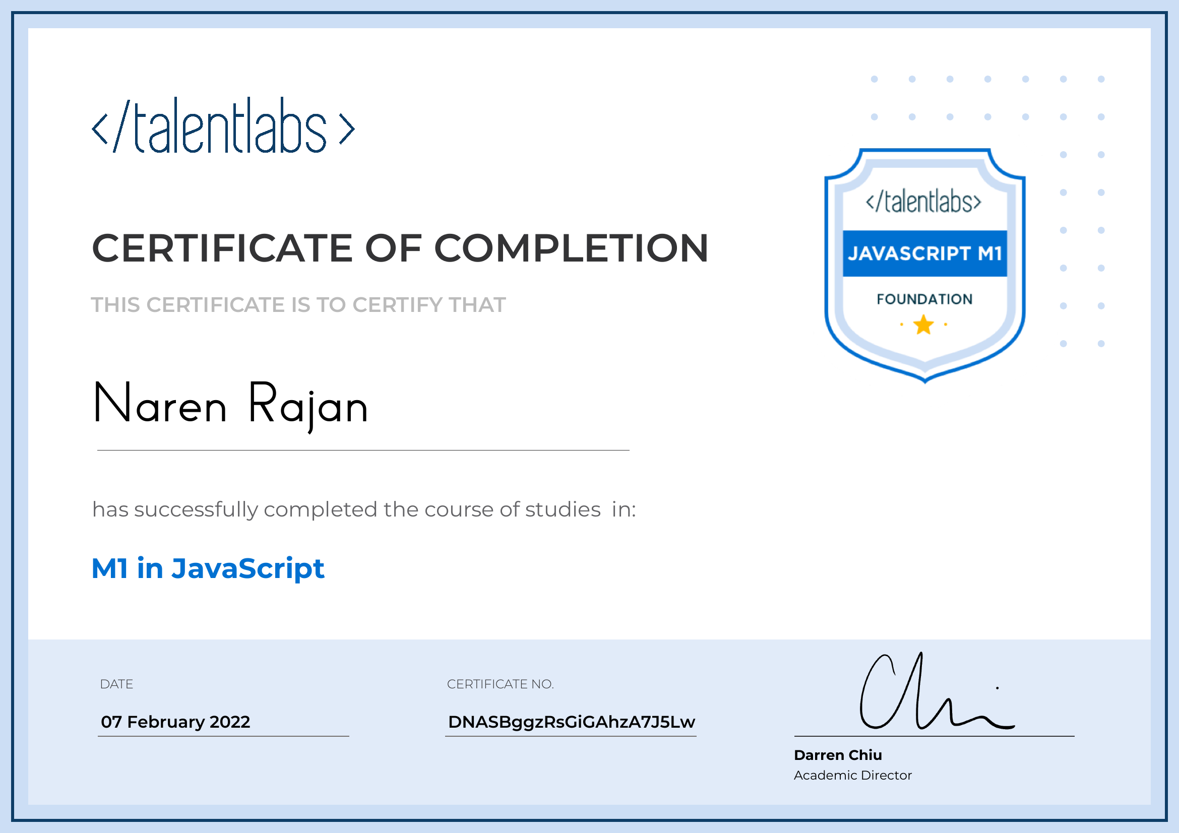 M1 in JavaScript certificate