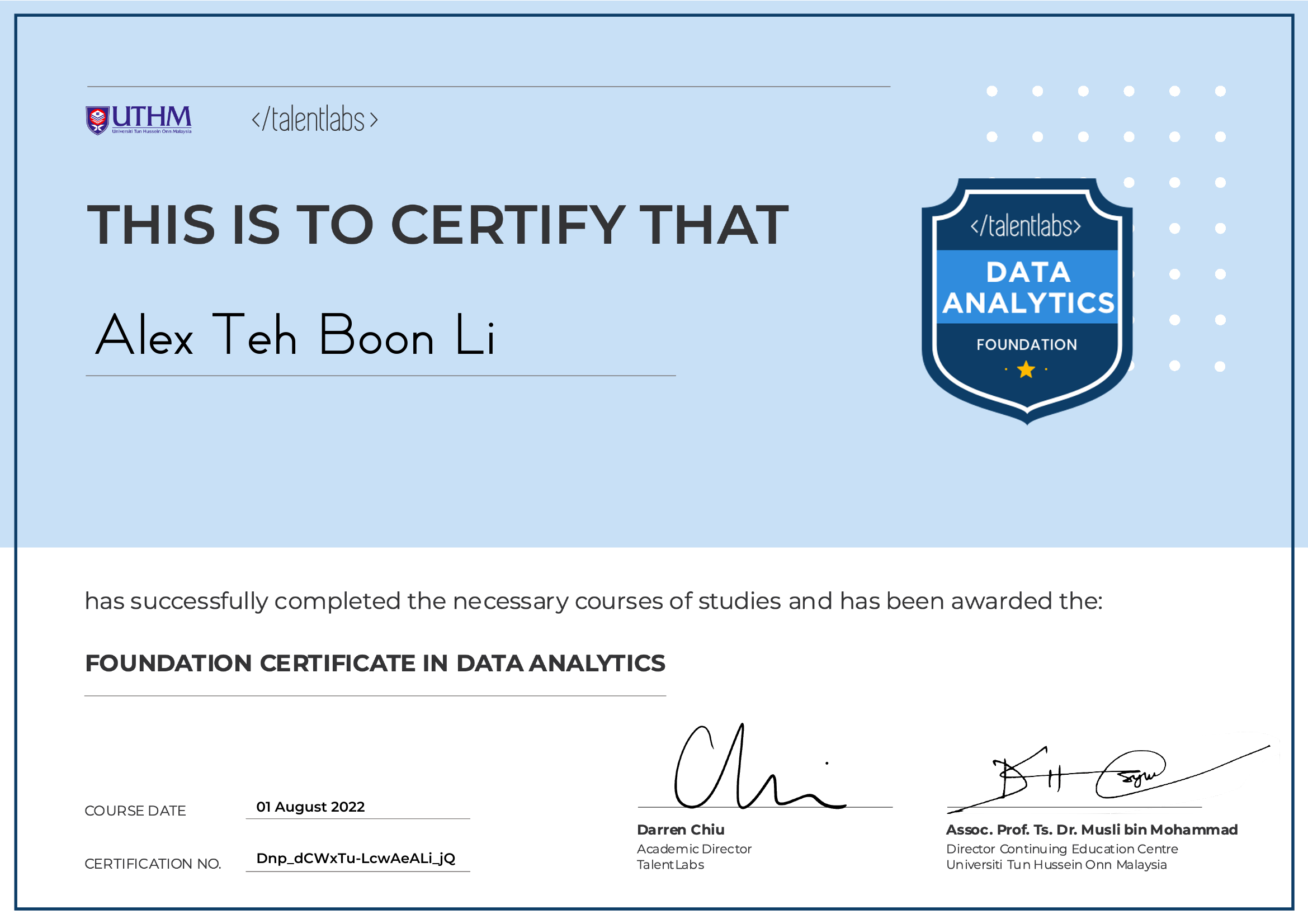 Foundation Certificate in Data Analytics certificate
