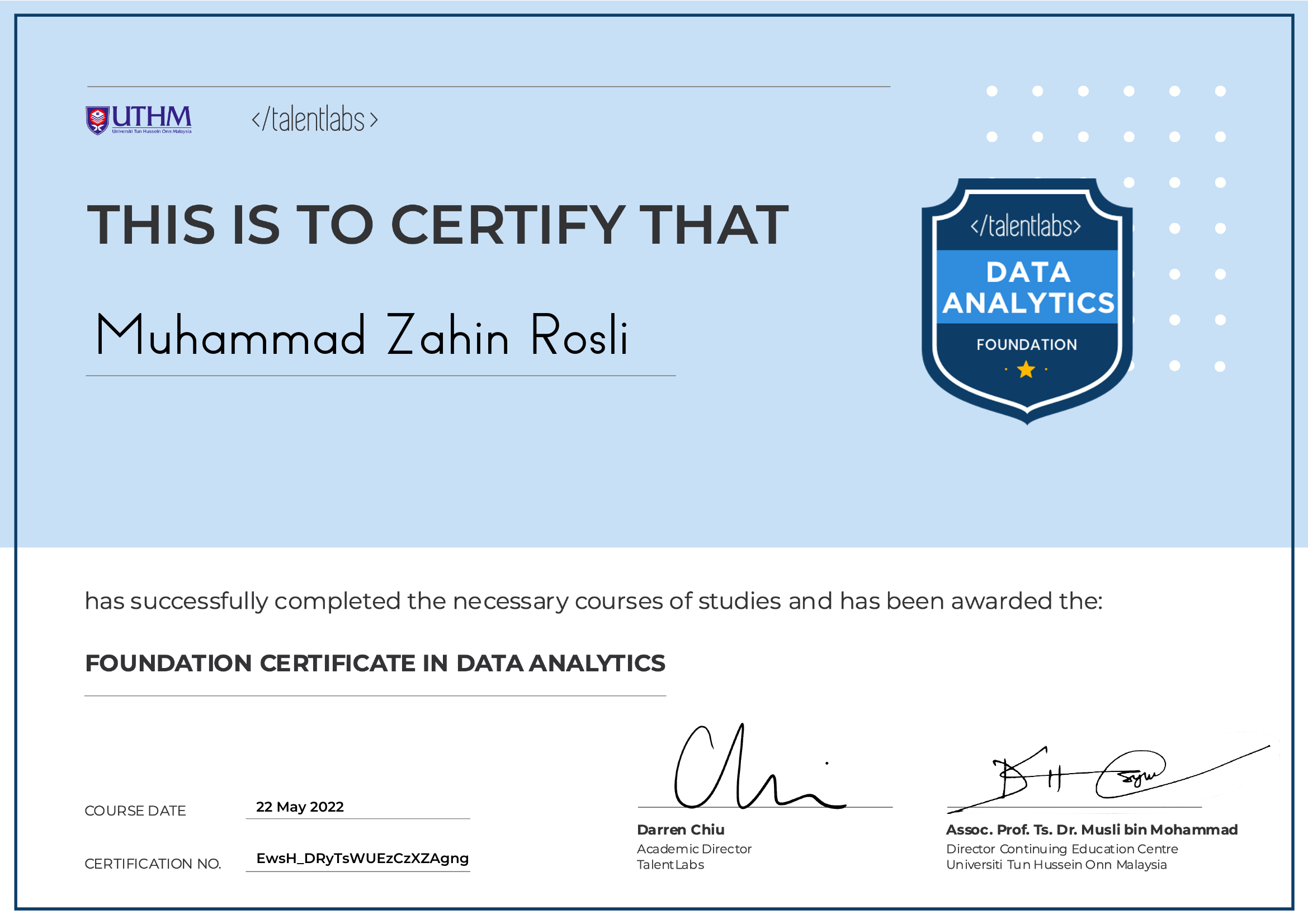 Foundation Certificate in Data Analytics certificate