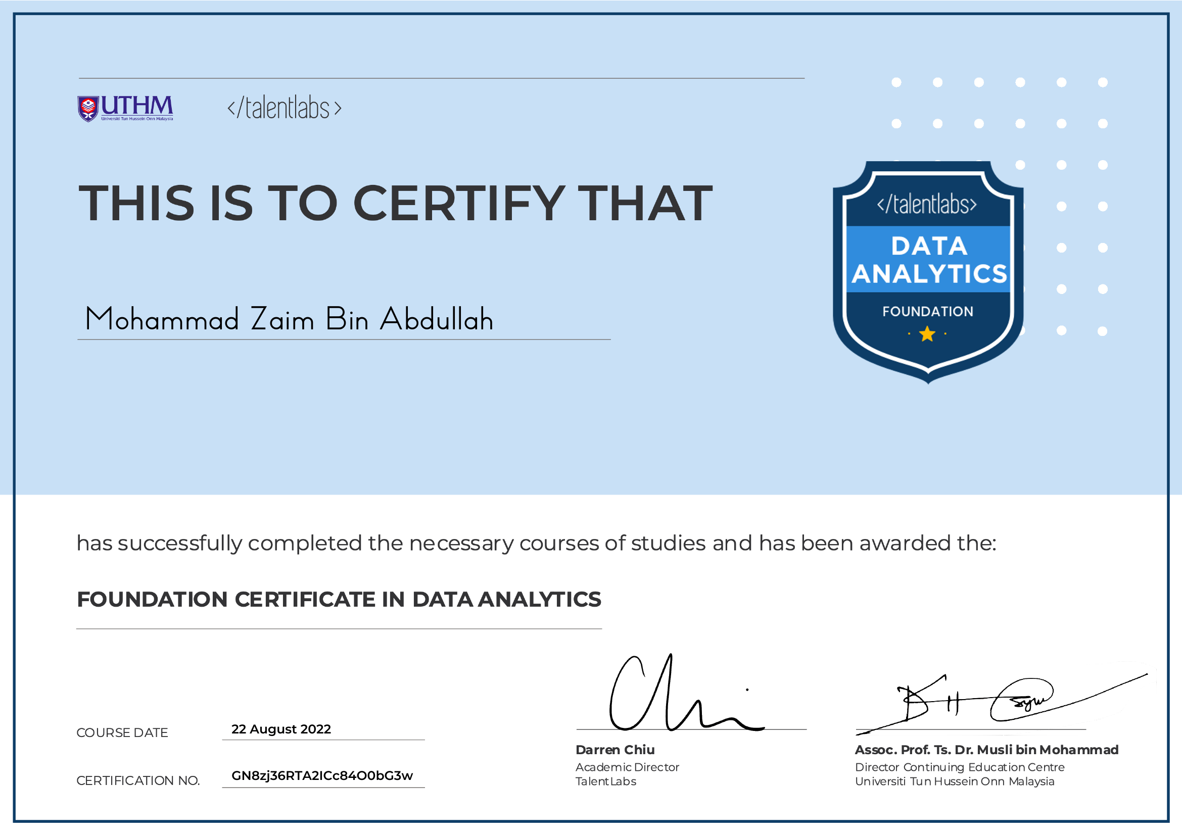 Foundation Certificate in Data Analytics certificate