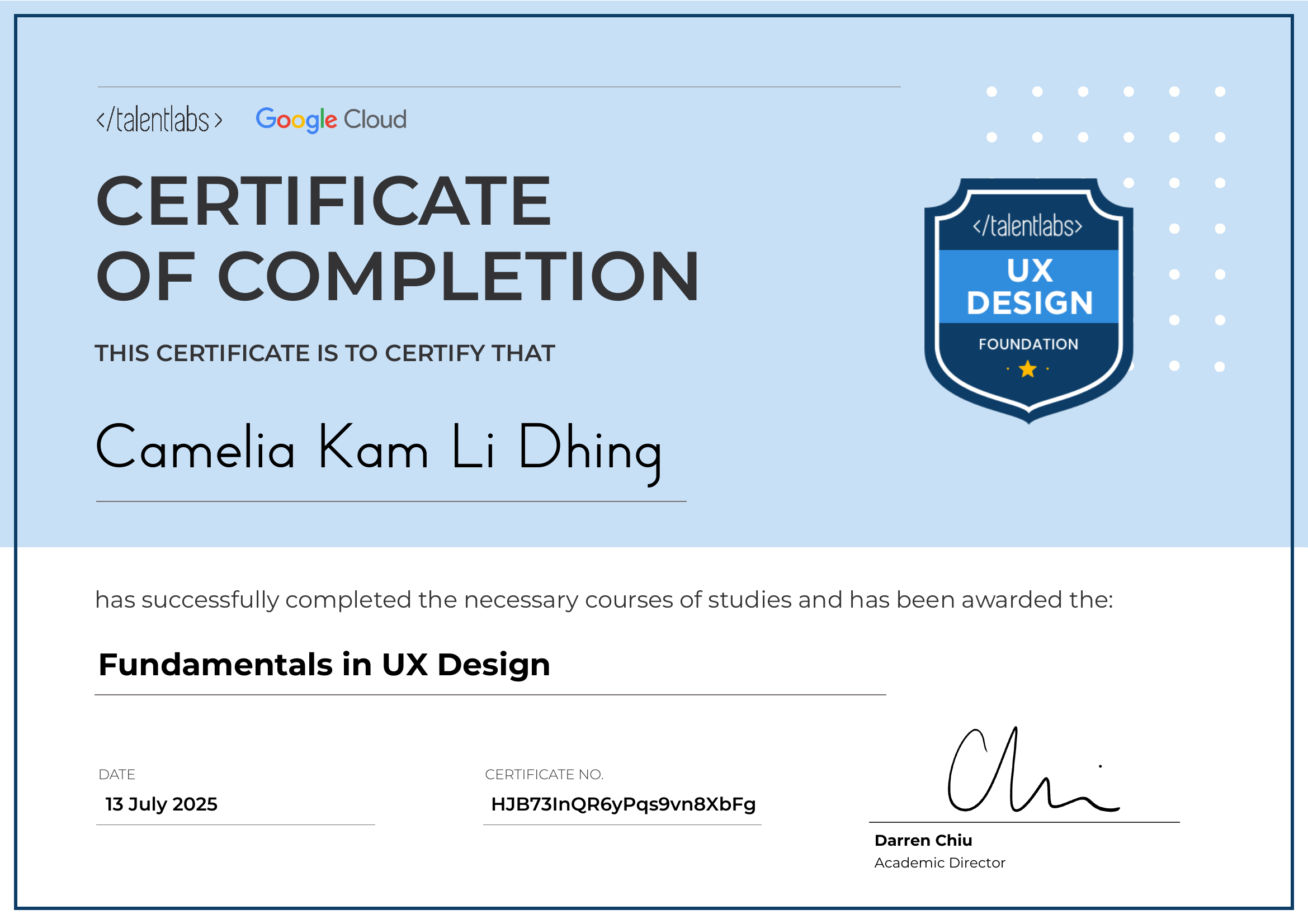 Fundamentals in UX Design certificate