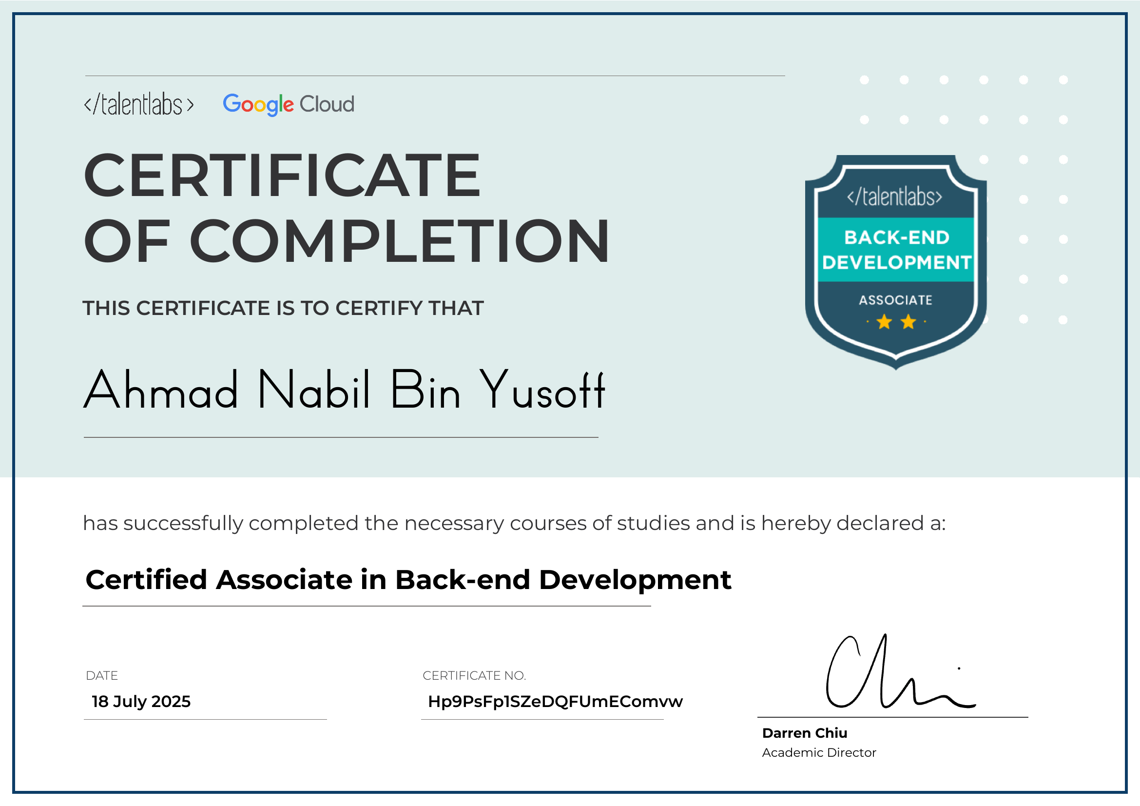 Certified Associate in Back-end Development certificate
