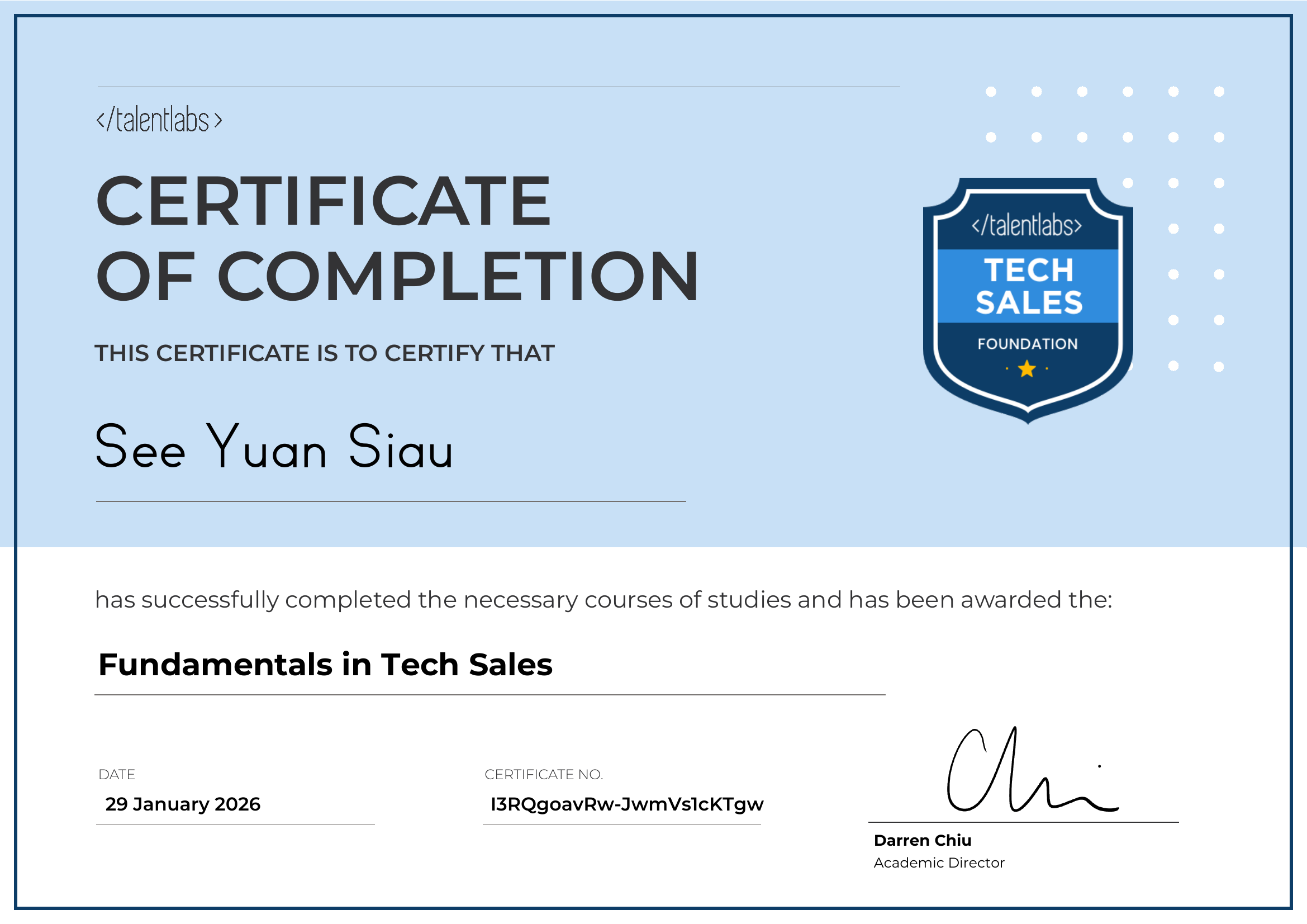 Fundamentals in Tech Sales certificate