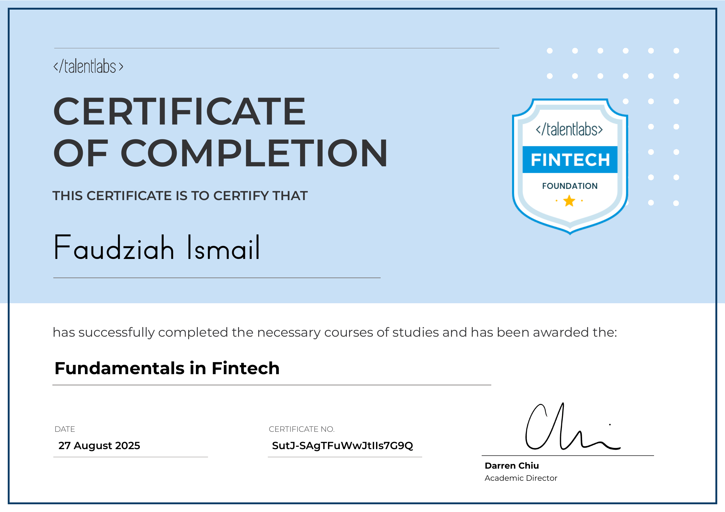 Fundamentals in Fintech certificate