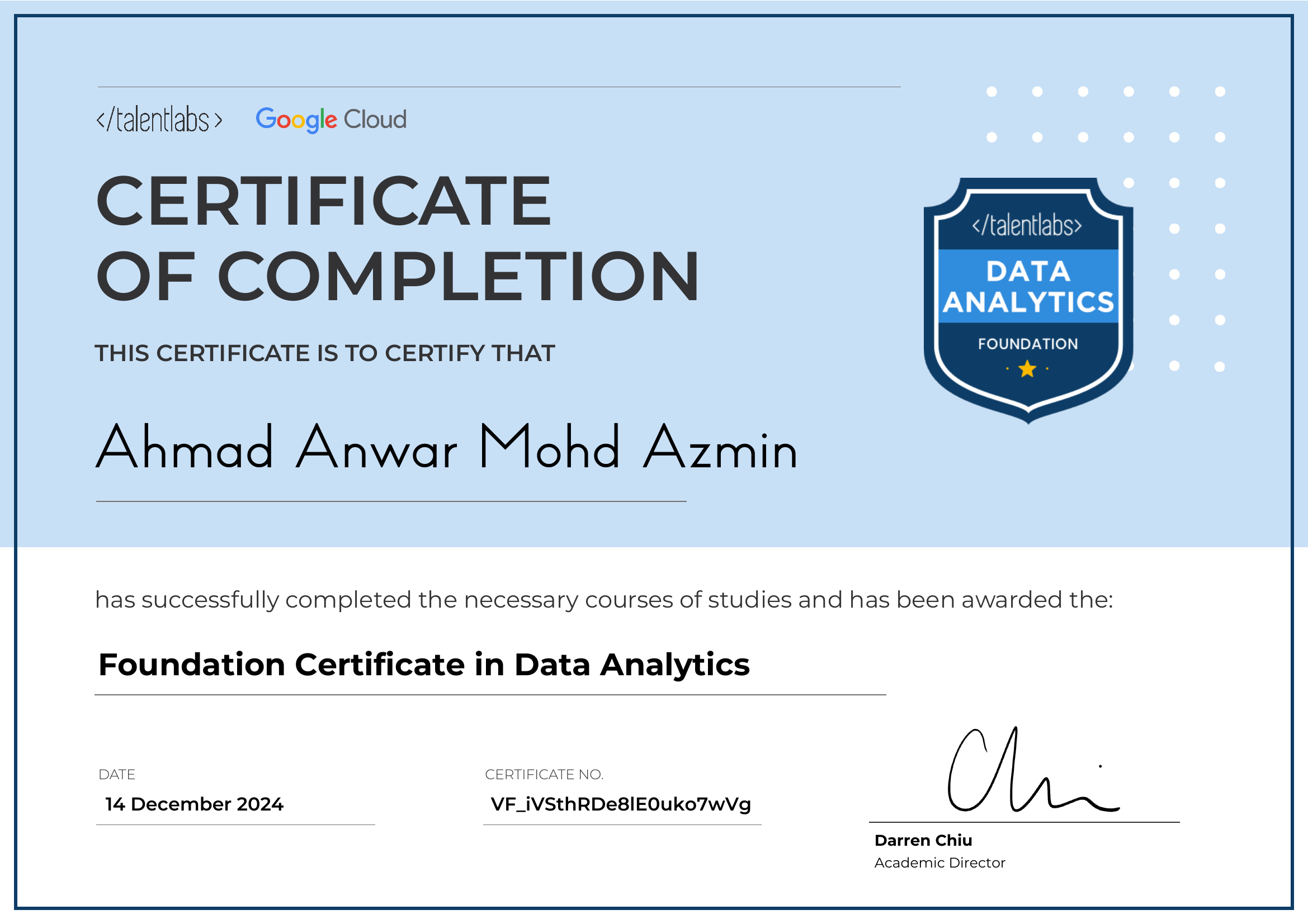 Foundation Certificate in Data Analytics certificate
