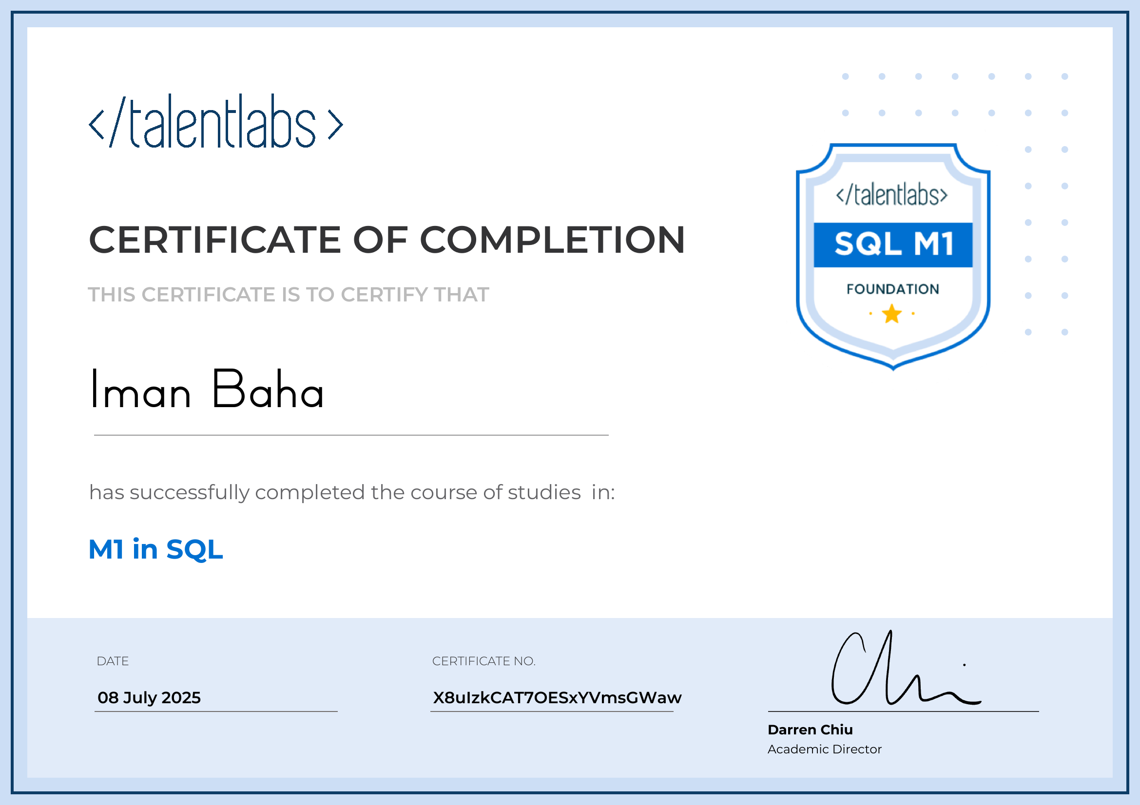 M1 in SQL certificate