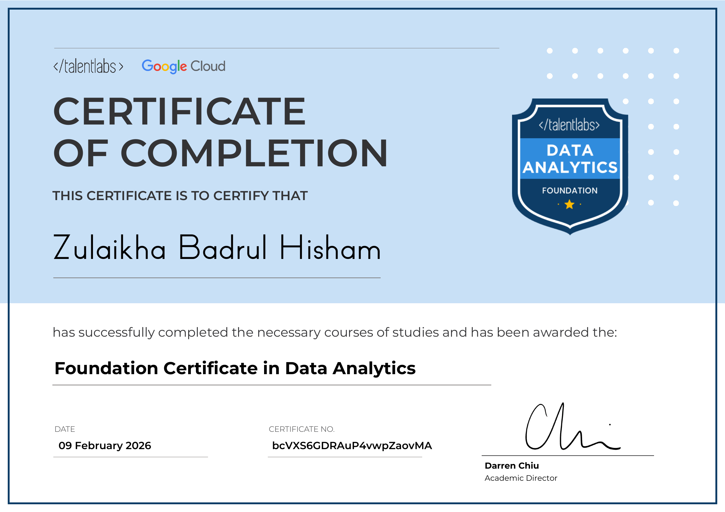 Foundation Certificate in Data Analytics certificate