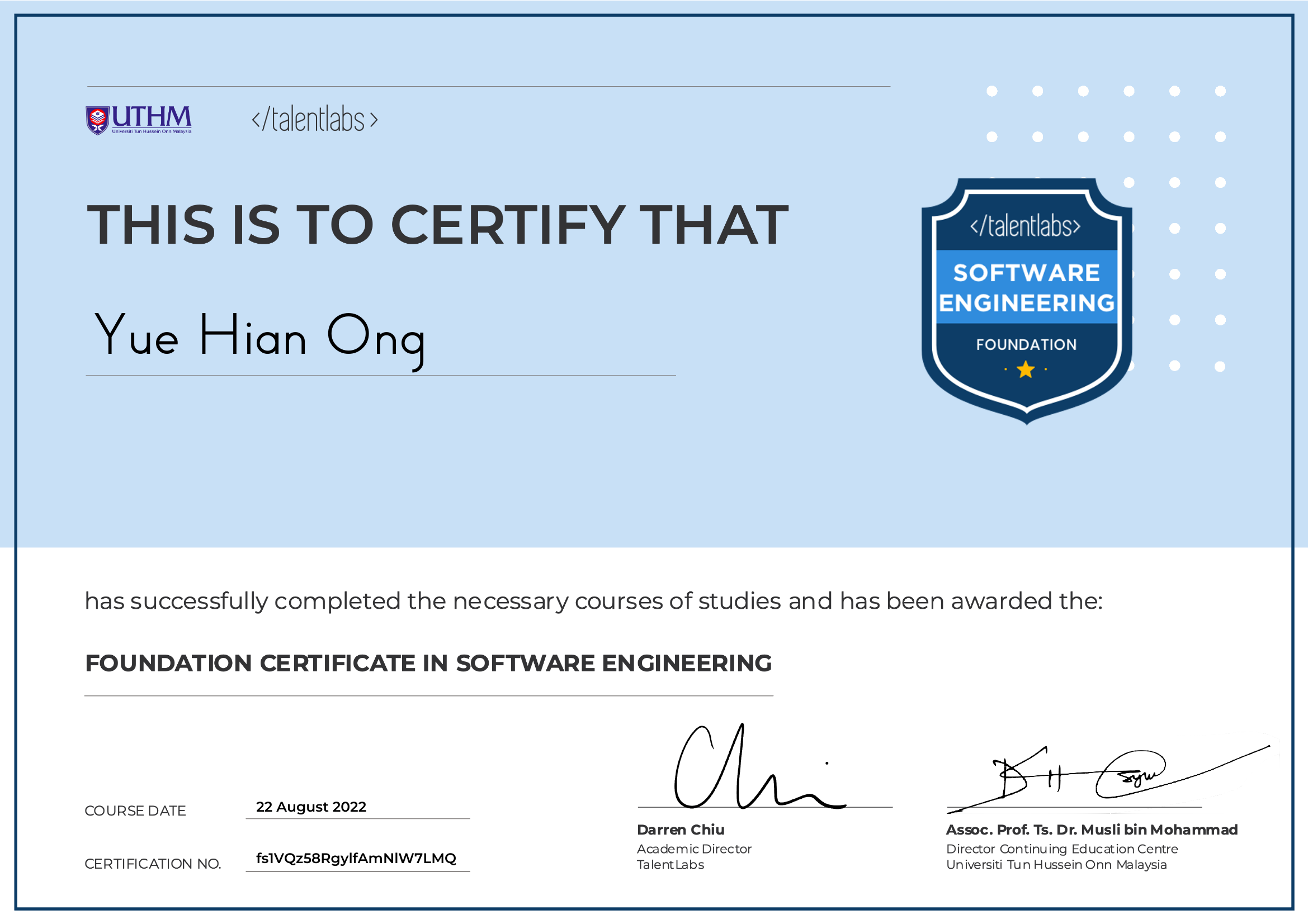 Foundation Certificate in Software Engineering Certificate - Yue Hian Ong