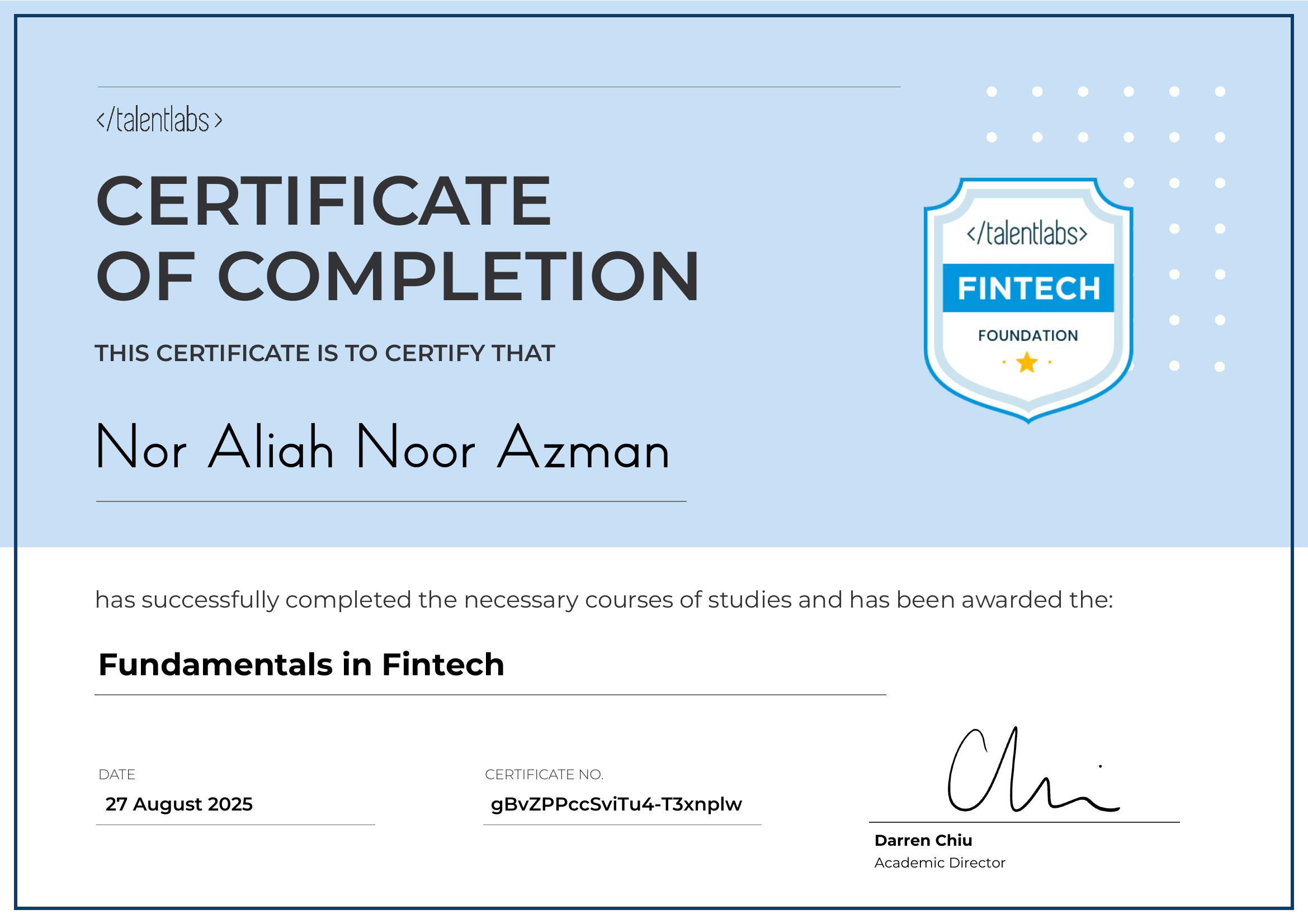 Fundamentals in Fintech certificate