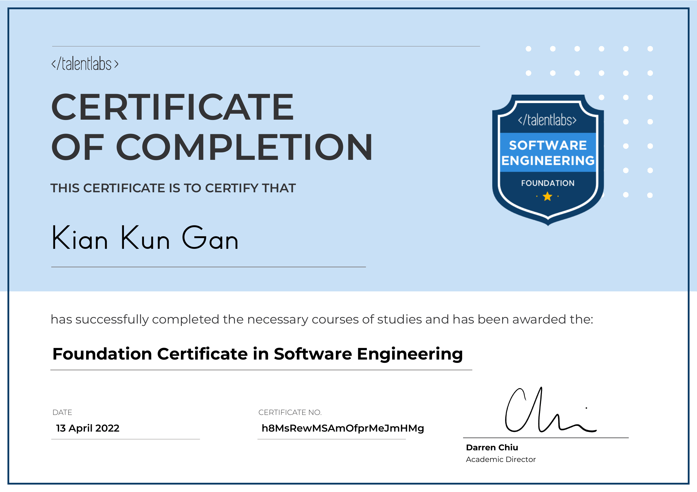 Foundation Certificate in Software Engineering certificate