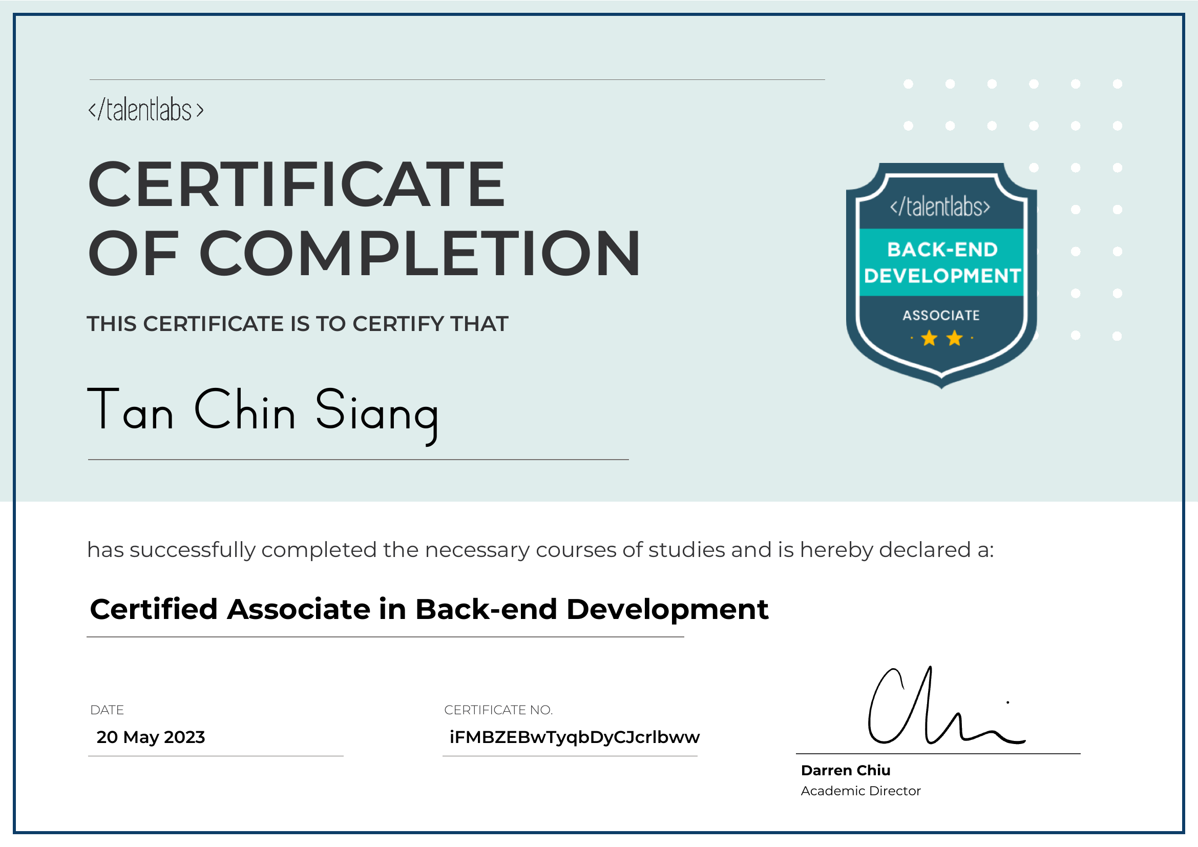 Certified Associate in Back-end Development certificate