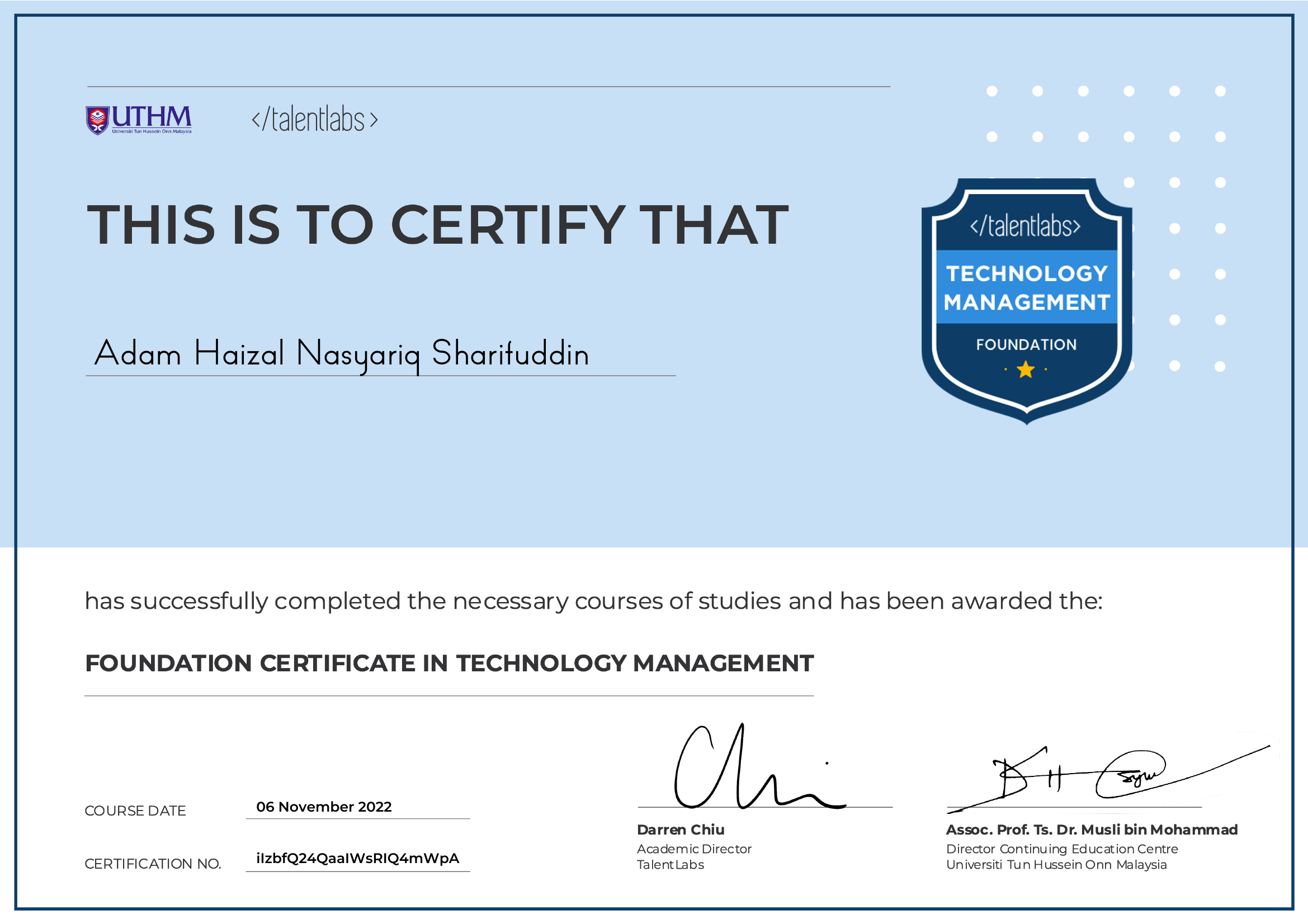 Foundation Certificate in Technology Management certificate