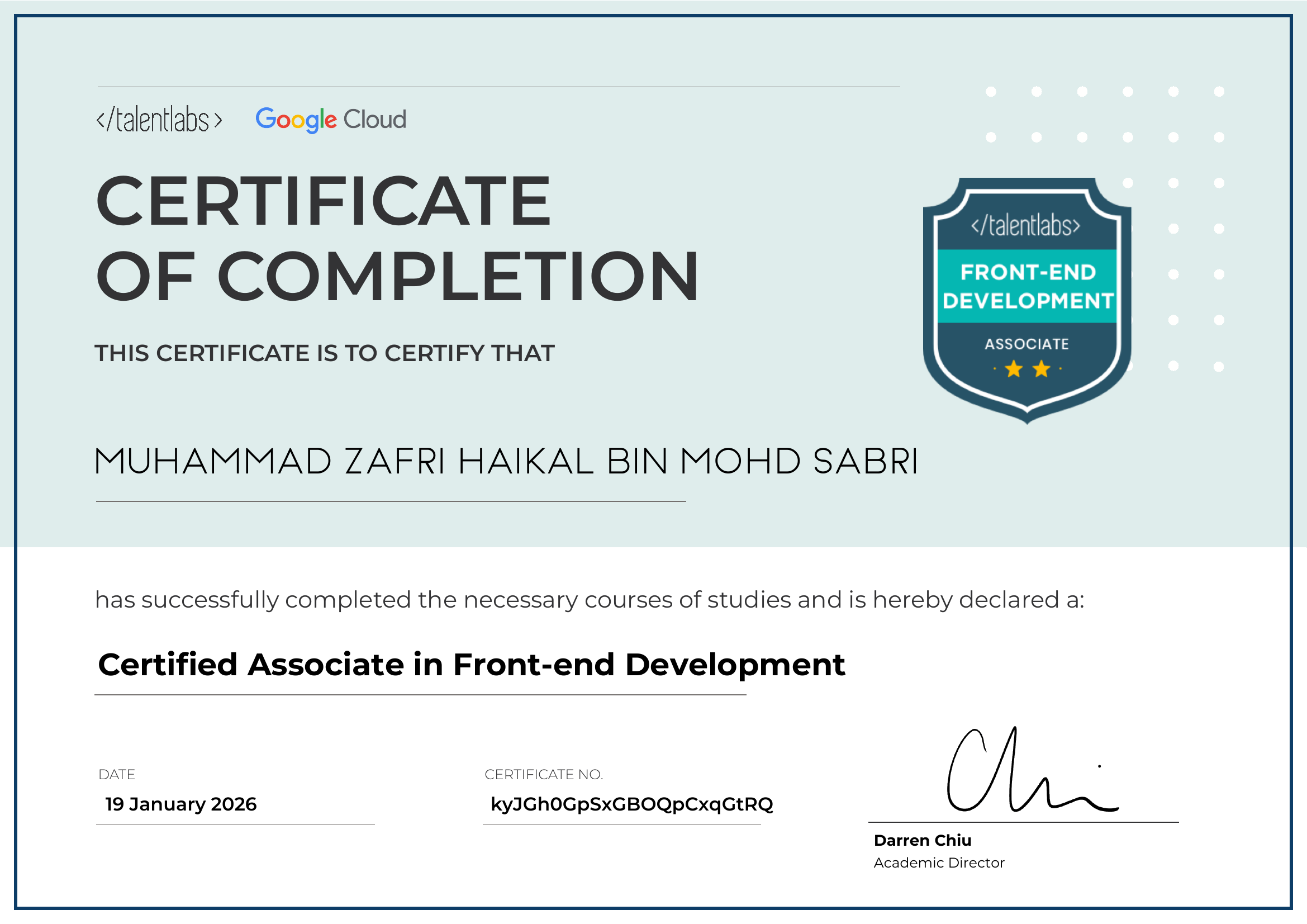 Certified Associate in Front-end Development certificate