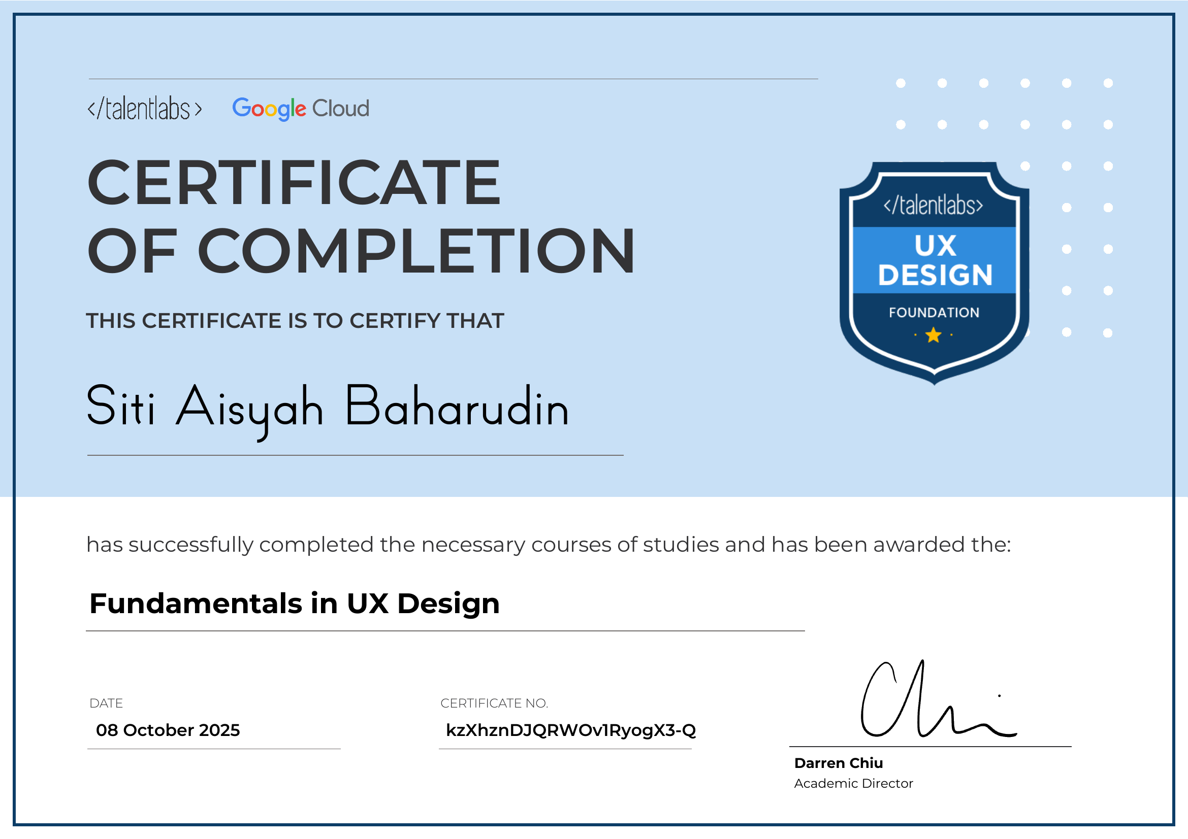 Fundamentals in UX Design certificate