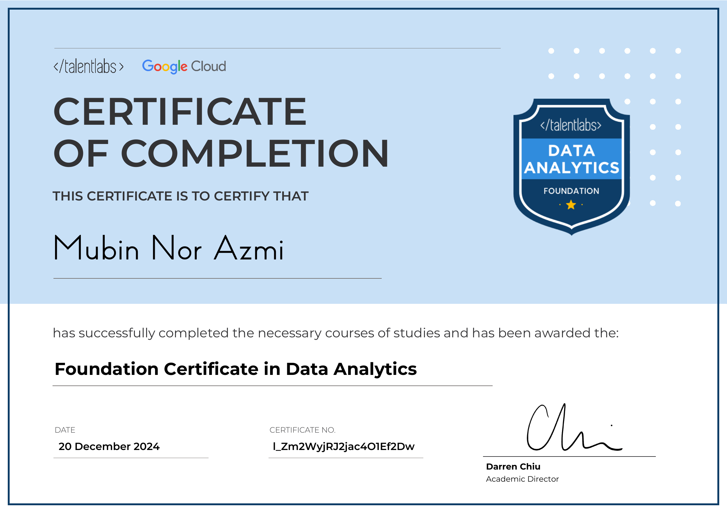 Foundation Certificate in Data Analytics certificate