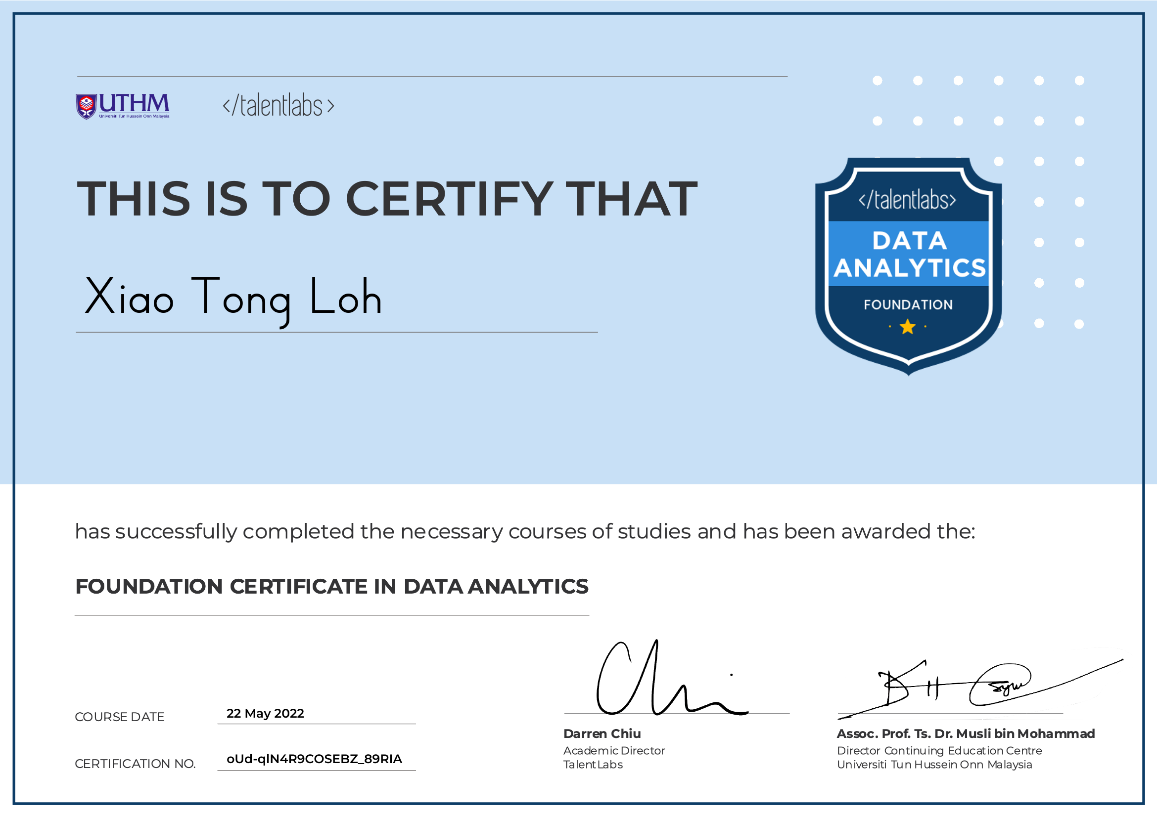Foundation Certificate in Data Analytics certificate