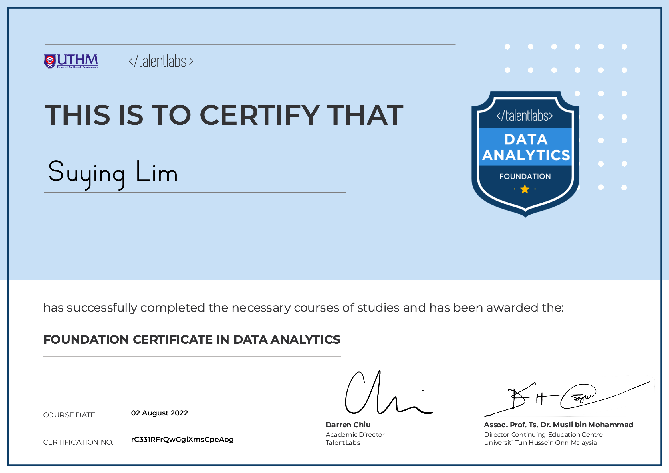Foundation Certificate in Data Analytics certificate