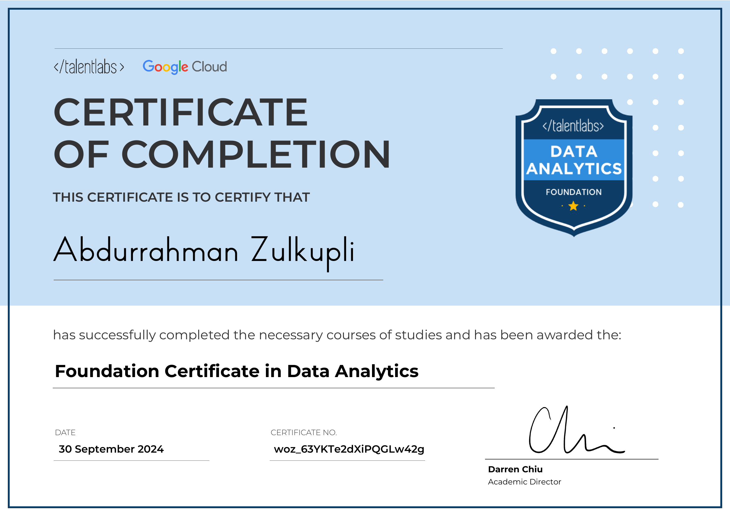 Foundation Certificate in Data Analytics certificate